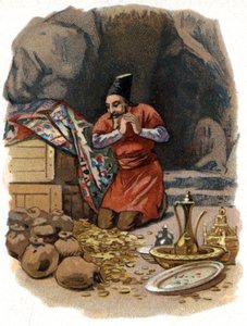 Ilustracja do Opowieści z tysiąca i jednej nocy. Ali Baba (Ali-Baba) wchodzi do skały, mówiąc: Sezam cię otwiera i widzi beczki złota. Chromolitografia około 1890 r. autorstwa Unknown artist