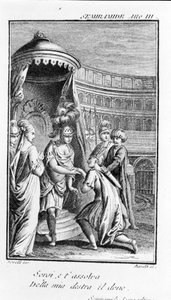 Ilustracja do opery Sémiramis Antonia Salieriego (1750 - 1825). Broszura autorstwa Pierre Metastase (lub Pietro Metastasio). Akt III, ostatnia scena. autorstwa Unknown artist