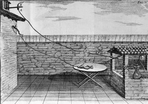 Ilustracja eksperymentów Luigiego Galvani, włoskiego fizyka i lekarza (1737 - 1798) wyjaśniających przepływ prądu elektrycznego poruszającego nogami żaby. autorstwa Unknown artist
