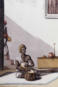 Kultura i cywilizacja indyjska: muzyk grający na tabli, tradycyjny instrument muzyczny, Indie. Grawerowanie 1808. autorstwa Unknown artist