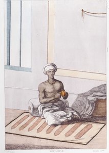 Kultura, cywilizacja i społeczeństwo Indii: muzyk z tradycyjną indyjską perkusją. Grawerowanie z 1808 roku. autorstwa Unknown artist