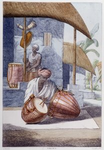 Kultura, cywilizacja i społeczeństwo Indii: muzyk grający na tradycyjnej indyjskiej perkusji (Tikora). Grawerunek z 1808 roku. autorstwa Unknown artist