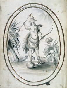 Indianin Kanady z łukiem i strzałami - frontyspis rękopisu „Dialog lub wywiad Francuza z dzikusem” autorstwa Unknown artist