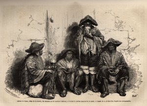 Indianie z Cuzco (Peru), vetus manty, sandały i tradycyjne sombrero, zatrudnieni jako siła robocza przy eksploatacji złóż guana na wyspach Chincha, pili sziszę, ale sfermentowali brandy. Grawerowanie ilustrujące Les iles Chincha, rektyfikowane przez L.Simo autorstwa Unknown artist