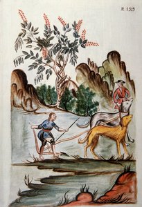 Indianie orający pole psami, z książki „Trujillo del Peru” lub „Kodeks Martinez Companion”, autorstwa Baltazara Martineza Companion i Bujandy, biskupa Trujillo (1782-1785) autorstwa Unknown artist