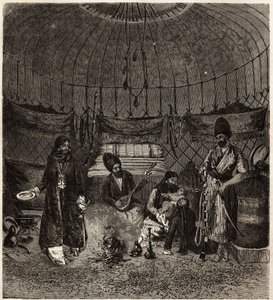W tureckim namiocie (Turkmena, Irak), domu rodziny, z barhchi (muzykiem, gawędziarzem) w towarzystwie obowiązku śpiewania lub recytowania poezji, artyści ci są bardzo złapani. Grawer ilustrujący historię Henri de Blocqueville „14 mois de capti autorstwa Unknown artist