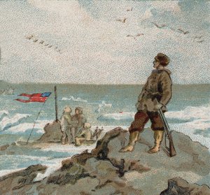 Isaac Israel Hayes (1832-1881) noszący amerykańską flagę nad brzegiem morza polarnego. Chromo z końca XIX wieku. autorstwa Unknown artist