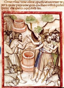 Izaak kopie studnie w dolinie Guerar, a pasterze z doliny szukają go kłótni Miniatura zaczerpnięta z kodeksu 212 (lub kodeksu padovano lub Biblii z Padwy) 1390-1400 Rovigo, Accademia dei Concordi autorstwa Unknown artist