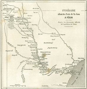 Trasa wzdłuż rzeki Hai He w pobliżu Tien Tsin (Tien-Tsin, Tianjin) do Pekinu (Pekin), Chiny. Mapa, w „”Le Tour du Monde, New Journal of Travels””, pod redakcją Edouarda Chartona, Paryż autorstwa Unknown artist