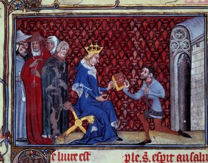 Jacques Bauchant przedstawia swoją książkę królowi Karolowi V (1338-1380) Miniatura zaczerpnięta z „”Drogi Boga i Wizji św. Elżbiety von Schonau (1128-1164)”” Jacquesa Bauchanta z Saint Quentin (? -1396), Paryż, B.N. autorstwa Unknown artist