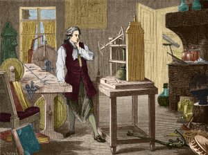 James Watt studiujący doskonalenie maszyny Newcomen (1767) (silnik parowy) - w „Albumie nauki”; wybitni naukowcy; Wielkie odkrycia”” 1896. autorstwa Unknown artist