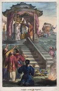 Śluby japońskie - Ceremonia ślubna Japończyków - rycina z „Zwyczajów i Tradycji Wszystkich Ludów Wszechświata”. Czyli Historia rządów, praw, milicji, religii wszystkich narodów od najdalszych czasów do dnia dzisiejszego”1 autorstwa Unknown artist