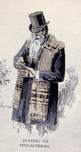 Religia żydowska: stary Żyd ubrany w modlitewną lipę (Talit lub Tzitzit), rycina z 1890 r. autorstwa Unknown artist