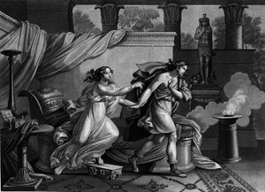 Józef ucieka od żony Putifara (Potyfara), chcąc uwieść XIX-wieczną litografię autorstwa Unknown artist