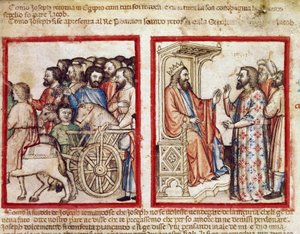 Józef po lewej stronie na pogrzeb ojca, podąża za miniaturą faraona z kodeksu 212 (albo kodeksu padovano lub Biblii z Padwy) 1390-1400 Rovigo, Accademia dei Concordi autorstwa Unknown artist