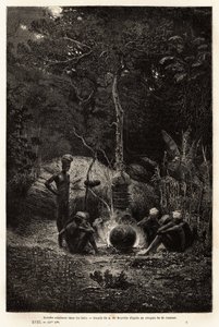 Kanaki gotują się w lesie na terenie Pamale. Grawer ilustrujący podróż do Nowej Kaledonii, autorstwa Julesa Garniera, inżyniera górniczego, w latach 1863-1866, opublikowany w „Le tour du monde, nouveau journal des voyages”, pod redakcją Edouarda C. autorstwa Unknown artist