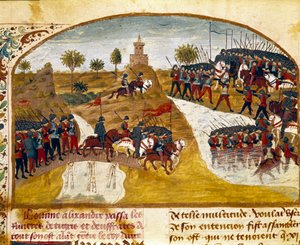 Król Aleksander Wielki (356-323 pne) i jego armia mijają Tygrysa i Miniaturowy Eufrat z „Księgi faktów Aleksandra Wielkiego” Kwintusa Curtiusa Rufusa (Quinte Curce) (I wiek), ok. 1468 r. (Ms. 1335) Reim. Biblioteka Miejska autorstwa Unknown artist