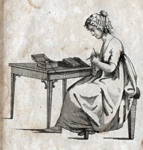 Maszyna dziewiarska: kobieta zajęta robieniem na drutach wełny (szynie) Grawerowanie pod koniec XVIII wieku. Prywatna kolekcja. autorstwa Unknown artist