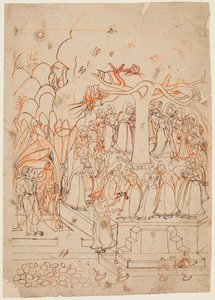 Krishna patrzy, jak dojarki krążą po świętym drzewie: miesiąc Jyestha (maj-czerwiec), z Baramasy (Dwanaście miesięcy) autorstwa Unknown artist