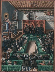 La Conference religieuse de Ratisbonne en 1601 - Kolokwium religijne w Ratyzbonie z 1601 r. Anonim. Miedzioryt, akwarela, ok. 1900 r. 1605. Historisches Museum der Stadt Regensburg autorstwa Unknown artist