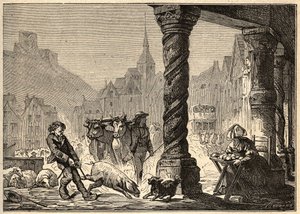 Główna ulica na jednodniowym spacerze w Dol de Bretagne - grawerowanie w „” PATRIE”” - OPIS PECTURESSE DE LA FRANCE EN 6 TOMÓW LUCIENA HUARDA - koniec XIX wieku autorstwa Unknown artist
