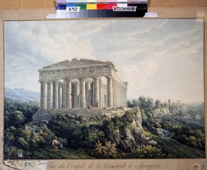Świątynia Zgody w Agrigento (Sycylia, Włochy) (Świątynia Zgody w Agrigento). Anonimowe malowanie. Akwarela na papierze, 66,5 x 88 cm, początek XIX wieku. Krajobraz, romantyzm. Regionalne Muzeum Sztuki, Winnica (Ukraina). autorstwa Unknown artist