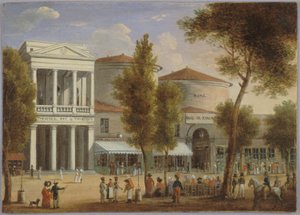 Le théâtre des Variétés et le passage des Panoramas, bulwar Montmartre, ok. 1825, ok. 1825 (olej na karcie) autorstwa Unknown artist