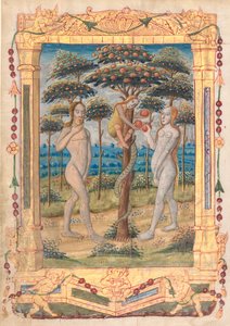 Kartka z Księgi Godzin: Adam i Ewa i upadek człowieka (Prefabrykowana miniatura do Urzędu Matki Boskiej) (recto) autorstwa Unknown artist