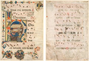 Kartka z antyfonarza z historycznym inicjałem (H) z szopką (recto) i muzyką (verso) autorstwa Unknown artist