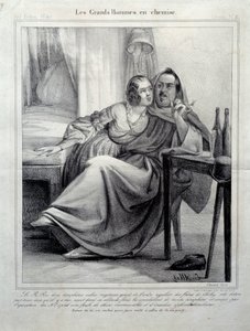Les grands hommes en chemise Reprezentacja pisarza Honore de Balzac (1799-1850) otulającego młodą kobietę podczas palenia papierosa. Ilustracja E. Alleta (XIX wiek) Paryż, Maison Balzac autorstwa Unknown artist