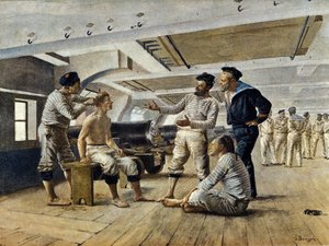 Życie na pokładzie francuskiego okrętu wojennego: fryzjer okrętowy goli marynarzy, ok. 1800 autorstwa Unknown artist