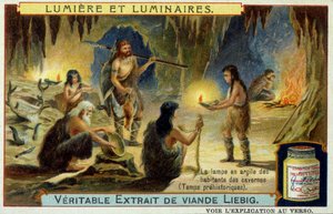 Oprawy oświetleniowe i oświetleniowe: gliniana lampa mieszkańców jaskini w czasach prehistorycznych. Ilustracja na ambalegach Liebiga. autorstwa Unknown artist