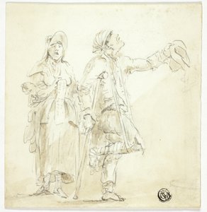Mężczyzna o kulach błagający, z kobietą śpiewającą i trzymającą dziecko autorstwa Unknown artist