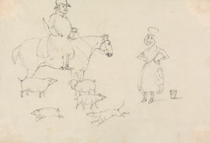 Mężczyzna na koniu ze świniami autorstwa Unknown artist