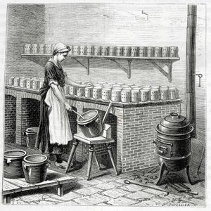 Produkcja sera camembert (twaróg wlewa się do małży) – w „Cuda przemysłu” Louisa Figuiera autorstwa Unknown artist