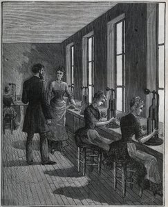 Produkcja piór metalowych: warsztat decoupage we Francji w XIX wieku. Grawer z 1885 roku w „Les arts et metiers illustres” Adolphe BITARD. autorstwa Unknown artist
