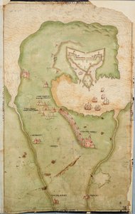 Mapa Smerwick w Irlandii przedstawiająca angielski wał ziemny z dwoma działami do ataku na hiszpański fort oraz angielskich żołnierzy wymaszerowujących z Castell More autorstwa Unknown artist