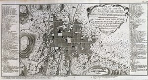 Mapa miasta i miasta św. Franciszka de Quito – w „”Podróży historycznej Ameryki Południowej dokonanej na rozkaz króla Hiszpanii przez Don George’a Juana i Don Antoine de Ulloa””, T.1, w C.A. Jombert, Librairie du Roi, Paryż autorstwa Unknown artist