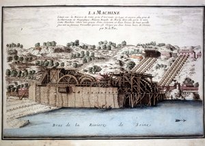 Maszyna Marly de Rennequin służyła do kierowania wodami Sekwany do Wersalu przez akwedukt Marly. Grawerowanie od 1700 roku. autorstwa Unknown artist