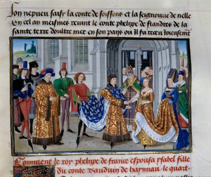 Małżeństwo Philippe Auguste (1165-1223) i Isabelle de Hainault (28 kwietnia 1181). Miniatura w „Kronikach cesarzy” Loyset Liedet (1420-1479) autorstwa Unknown artist