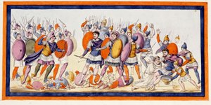 Menelas (po prawej), grecki wojownik, został właśnie zraniony strzałą sojusznika trojanów. Iliada, pieśń IV. Rycina z końca XVIII wieku. autorstwa Unknown artist