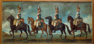 Mundur wojskowy smoków według rozkazu z 1779 r.: pułki Lanana (nr 20), Belsunce (nr 21), Langwedocja (nr 22), Schomberg (nr 24) Anonimowy obraz z 1779 r. Paryż, Musee de l