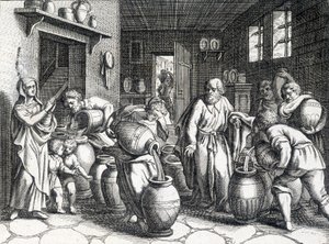 Cud Elizeusza, biblijnego proroka i ucznia Eliasza, który swoim płaszczem przekazuje mu swojego ducha i moc. Grawerowanie z 1724 roku. autorstwa Unknown artist