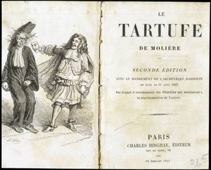 Moliere straszący eklezjastę maską teatralną - Frontispiece du „Tartuffe” (Tartufe) de Molière, wyd. Hingray, Paryż autorstwa Unknown artist