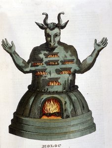 Moloch. Starożytne bóstwo Kartaginy. Poświęciliśmy mu dzieci, wrzucając je w płomienie. Rycina XIX wieku. autorstwa Unknown artist