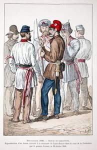 Montagnards (1848), grupa bojowników, z których jeden nosi czapkę frygijską i rewolucyjną kokardę. Eau forte en couleurs, reprodukcja rysunku wykonanego na zlecenie Alexandre Ledru-Rollina (Ledru Rollin) (1807-1874) na dziedzińcu autorstwa Unknown artist