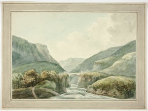 Górskie miasto przy moście przecinającym rzeki autorstwa Unknown artist