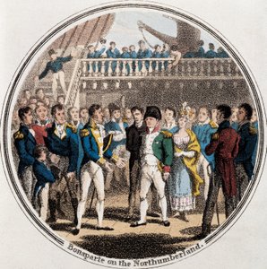 Napoleon Bonaparte i angielski admirał George Cockburn na Northumberland w towarzystwie Madame Bertrand (kolor lito) autorstwa Unknown artist