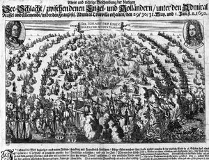Bitwa morska pod La Hougue (1692), która przeciwstawiła się armii Ludwika XIV w Holandii. Rytownictwo. 18 wiek. autorstwa Unknown artist