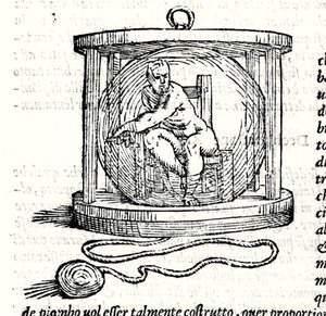 Drugi garnitur Nicoli Fontany o nazwie Tartaglia (1499 - 1557). Zapewnia kryształową kulę, w której nurek się zamyka. Grawerowanie XVI wieku. autorstwa Unknown artist